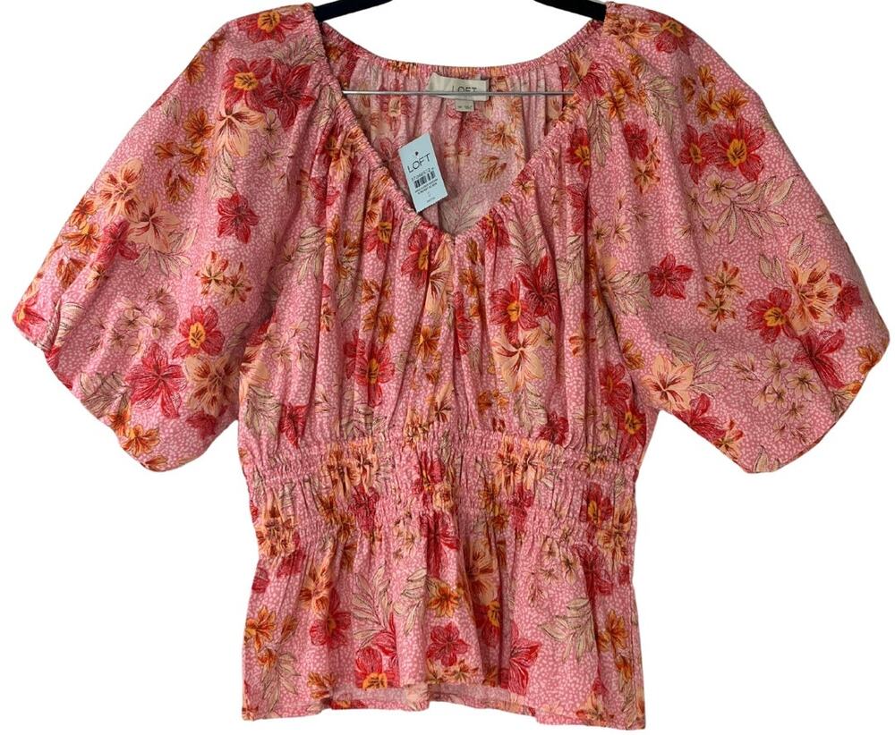 Loft Pink Red Floral Scoop Neck Puff Sleeve Smocked Peplum Top SP NWT